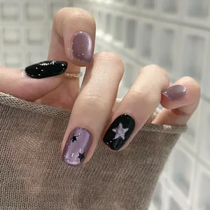 Y2K Purple Black Cat Eye Press On Nails With Star Moon Patterns Short Round Square Handmade Fake Nails For Women Manicure