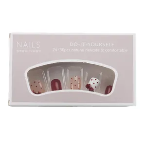 Short wine red press-on nails with cherry accents and polka dots 30pcs set