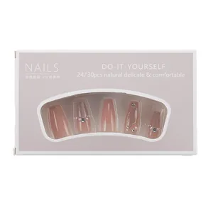 Coffin trapezoid press-on nails with pink gradient pearls and rhinestones 24pcs box