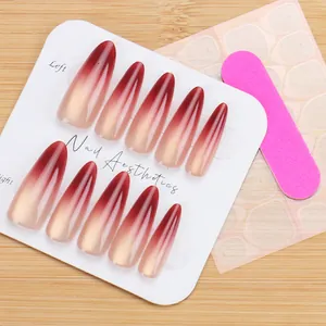 Dettaglio di unghie finte sfumate rosa con lima e adesivi per unghie inclusi nel kit