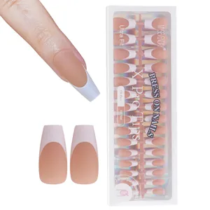 Detail of 150pcs matte French press-on nails set in elegant white window packaging box