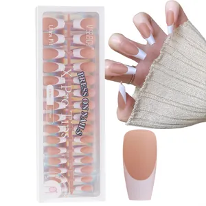 Matte French Tip Press On Nails Coffin Shape Elegant Nude White Artificial Nails For Women Daily Manicure Nails And Adhesive