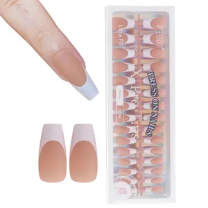 Classic French matte press-on nails set in nude pink and white coffin shape 150 pieces