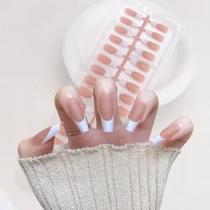 Classic French nude and white matte press-on nails in medium coffin shape set