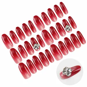 Burgunderrote Gradient-Drucknägel mit 3D-Strasssteinen und Glanzeffekt, 24-teiliges Set