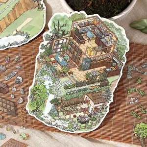 Hand-painted 2.5D miniature house stickers for DIY scrapbooking on a bamboo mat