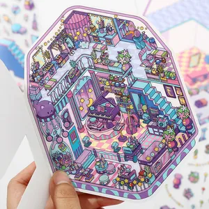 Cute isometric 2.5D PET sticker with purple dreamy piano room and cat hourglass