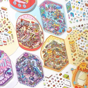 Kawaii 2.5D PET cartoon scenery stickers set featuring miniature room and shop scenes