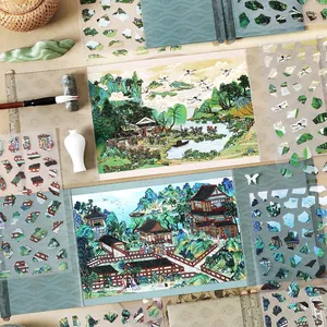 DIY Chinese landscape sticker set with PET mountains and pavilions for journal decoration