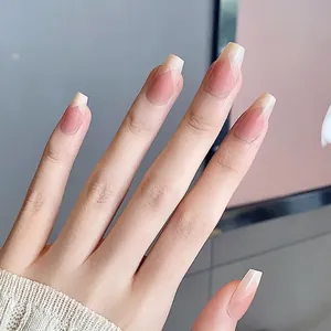 Short coffin press-on nails with nude base and creamy white V-shaped French tips 30PCS set