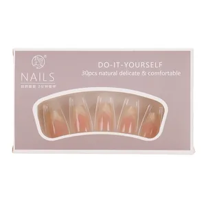 Short press-on nail kit with nude French design and white geometric patterns in lilac box