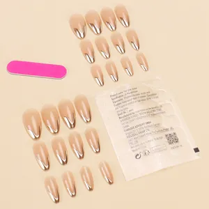 French tip almond press-on nails set with silver metallic edges and tool kit