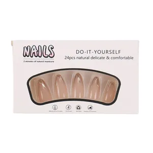 French tip press-on nails set in nude pink with silver edges, 24 pieces in window box