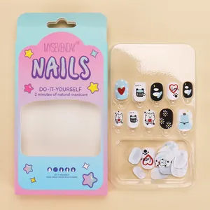 Cute cartoon kids press-on nail kit with bear and heart designs, set of 24 pieces