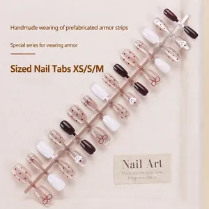 30pcs Cat Eye Cartoon Press-On Nails with Red Bows and Dotted French Design Set