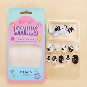 Black and white cartoon cat and fishbone press-on nail kit for girls with 24 pieces