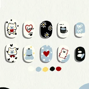 Kids Cartoon Bear Press On Nails Cute Heart Flower Print Artificial Fake Nail Tips ABS Resin Manicure Kit For Girls