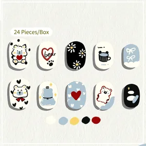 Set of 24 pieces cute cartoon press-on nails for kids with bear and floral designs
