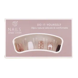Cute cartoon cat eye press-on nails set with dog patterns and 3D red bows, 30 pieces