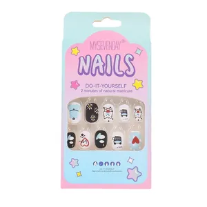 Cute cartoon press-on nails for kids with bear and flower patterns, 24 pieces set