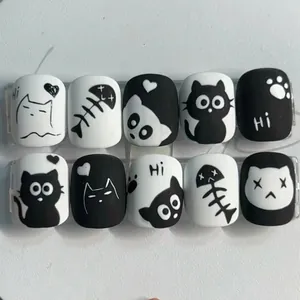Kids Press On Nails Black White Cartoon Cat Fish Bone ABS Resin Artificial Fake Nails For Girls DIY Manicure Tool