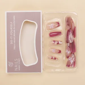 Detailed set of 24 press-on nails with butterfly, heart and pearl motifs in pink and wine red