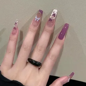 Elegant Pink Purple French Cat Eye Press On Nails With 3D Butterfly Heart Artificial Pearl Coffin Fake Nails For Women Handmade False Nails