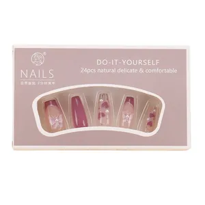 Pink and purple cat-eye press-on nails set with heart and butterfly charms in 24pcs box