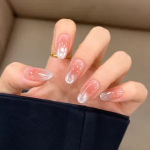Glossy Ice Translucent Cat Eye Press On Nails Almond Shape Pink Gradient Artificial Fingernails Nude Pink False Nails For Women Daily Manicure