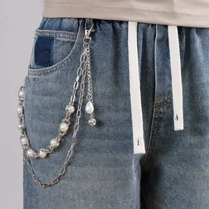 Hip hop multilayer pearl pants chain with silver metal links and round drop pendants