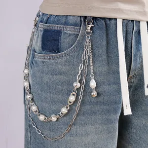 Hip Hop Multi-layer Pants Chain For Men Women Silver Color Metal Alloy Faux Pearl Patchwork Punk Denim Jeans Waist Chain Jewelry