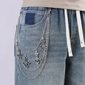 Multilayer silver hip hop chain with black enamel gothic cross pendants for jeans