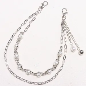 Hip hop silver metal pants chain with pearl accents and lobster clasps for men