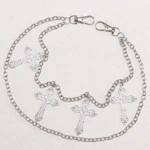 Doppellagige Punk Hip Hop Taillenkette mit silbernen Kreuzanhängern und Karabinerverschluss