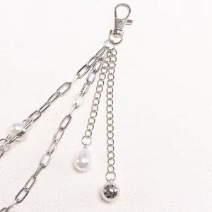 Hip-hop silver multilayer trousers chain with white pearls and durable lobster clasp