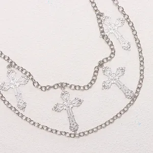 Punk Hip-Hop zweilagige Metall-Taillenkette mit gotischen Kreuzanhängern für Damen und Herren