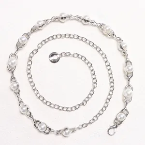 Elegant silver metal waist chain with white faux pearls for dresses and skirts