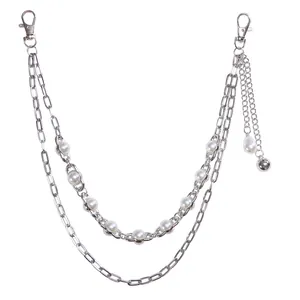 Silver multi-layer hip hop trouser chain with white pearls and sturdy lobster clasps