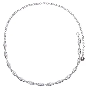 Elegant single layer pearl waist chain with silver metal link for women dresses