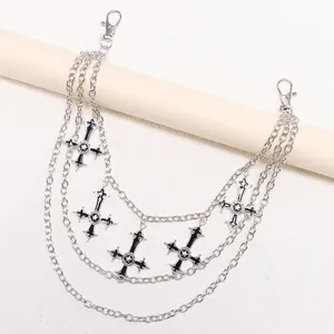 Punk multilayer silver metal pant chain with black enamel inverted cross pendants