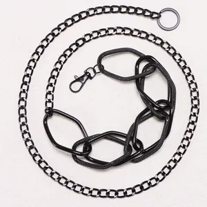 Close-up of mixed texture black metal chain with resin links and woven rope