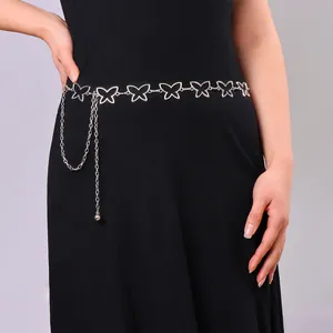 Silver butterfly metal waist chain with hollow pendants on a black dress