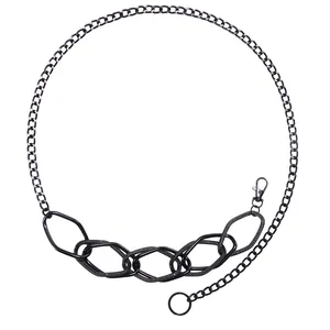 Fashionable black metal chain belt for women featuring geometric interlocking rings