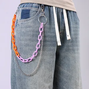 Hip hop layered waist chain with neon orange, purple resin links and silver metal chains