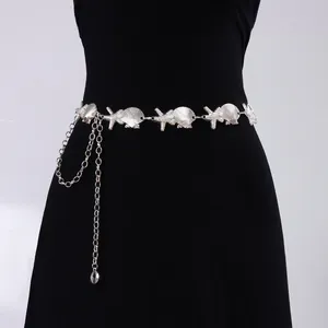Bohemian silver waist chain with metallic starfish, shells and white pearls for women