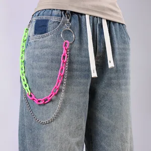 Detail of neon green and pink acrylic chunky chain links with silver metal belt chain