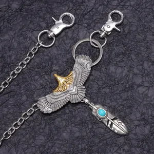 Retro-Adler-Biker-Hosenkette mit Türkis-Federanhänger und goldenem Adlerkopf-Haken