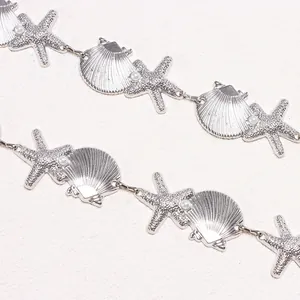 Bohemian silver waist chain with metallic starfish, shells and white pearl accents