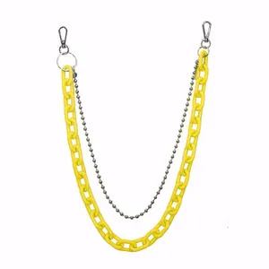 Dual-layer fluorescent yellow resin chain and silver beaded metal belt chain with lobster clasps