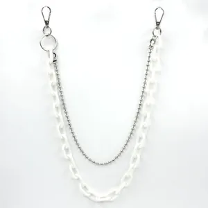 Detail of double-layer pant chain with white acrylic links and silver metal bead chain